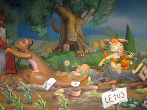 A scene from inside the Many Adventures of Winnie the Pooh ride.